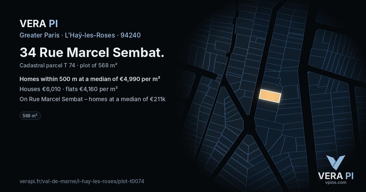 34 Rue Marcel Sembat, L'Haÿ-les-Roses at night – the plot lit, the parcels around coloured by the prices near them