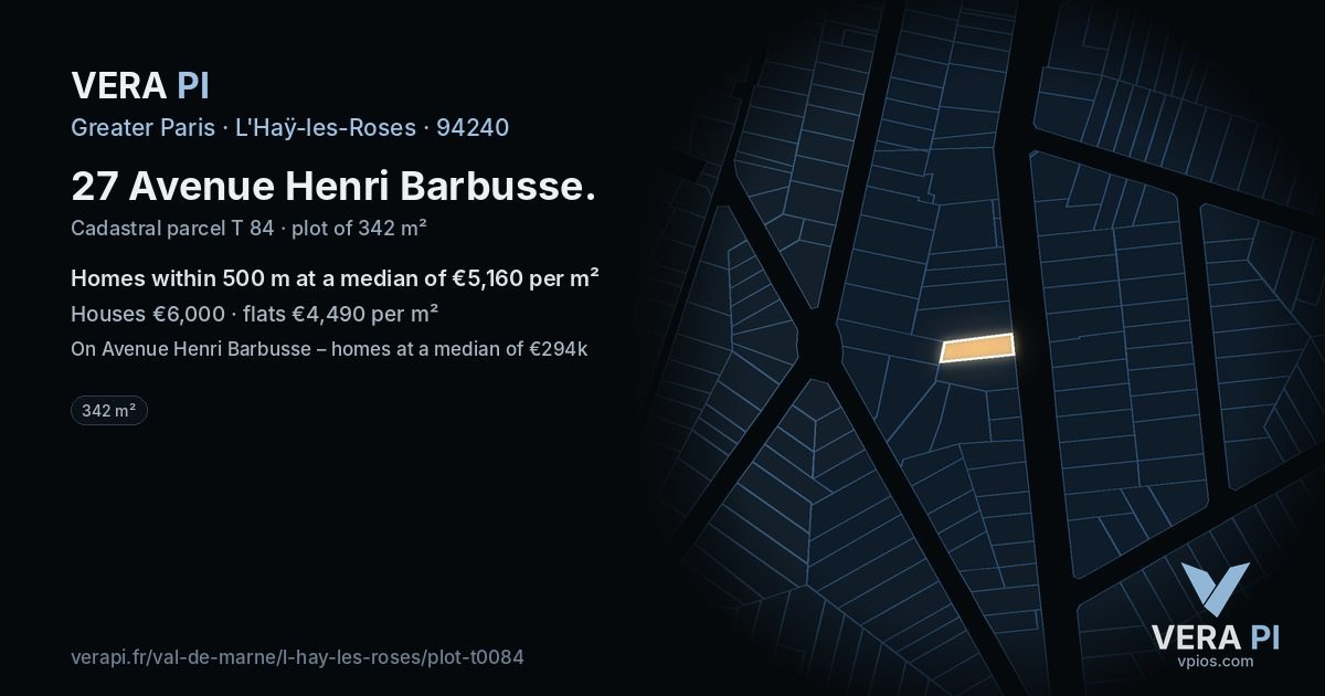 27 Avenue Henri Barbusse, L'Haÿ-les-Roses at night – the plot lit, the parcels around coloured by the prices near them