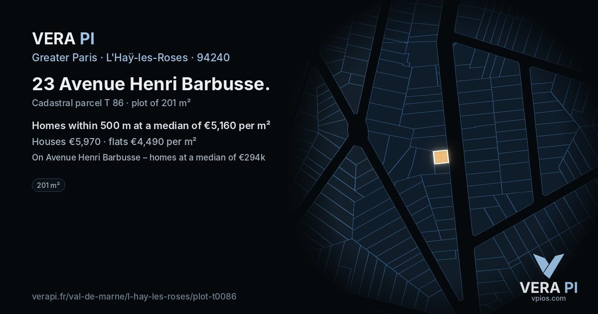 23 Avenue Henri Barbusse, L'Haÿ-les-Roses at night – the plot lit, the parcels around coloured by the prices near them