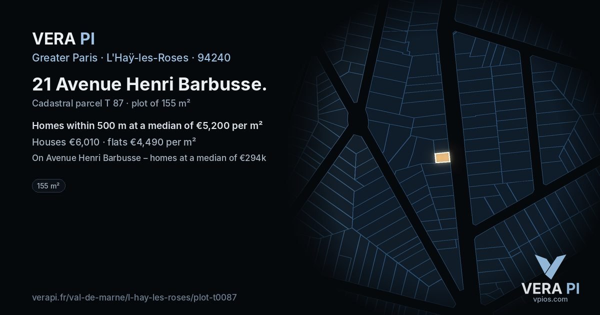 21 Avenue Henri Barbusse, L'Haÿ-les-Roses at night – the plot lit, the parcels around coloured by the prices near them