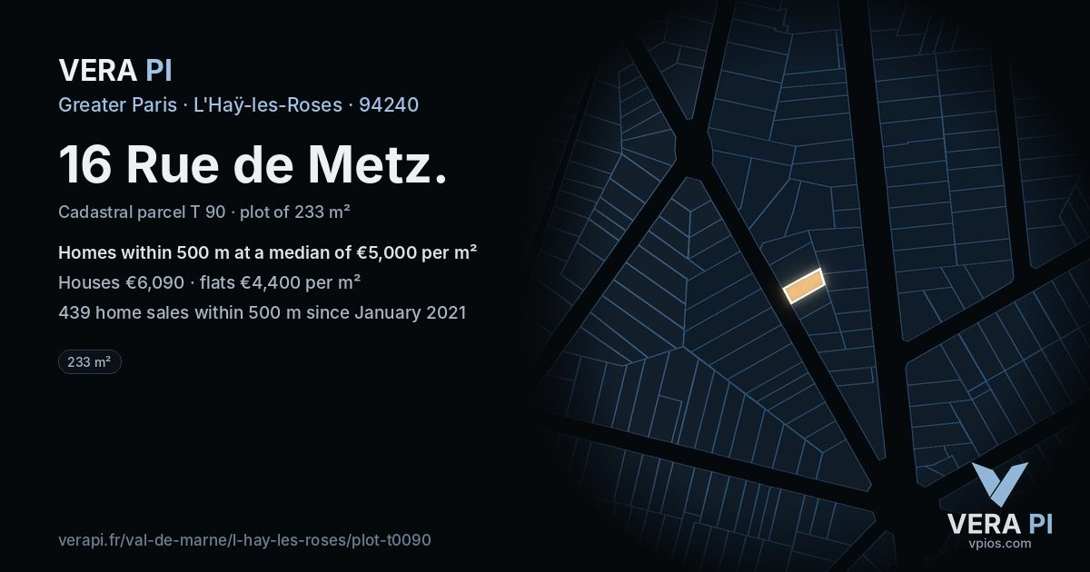 16 Rue de Metz, L'Haÿ-les-Roses at night – the plot lit, the parcels around coloured by the prices near them