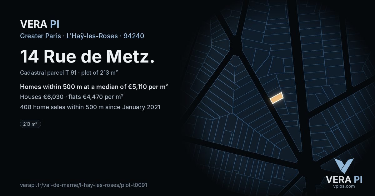 14 Rue de Metz, L'Haÿ-les-Roses at night – the plot lit, the parcels around coloured by the prices near them
