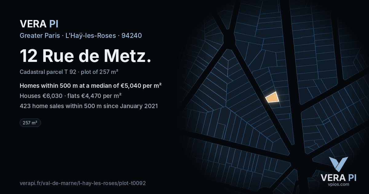 12 Rue de Metz, L'Haÿ-les-Roses at night – the plot lit, the parcels around coloured by the prices near them