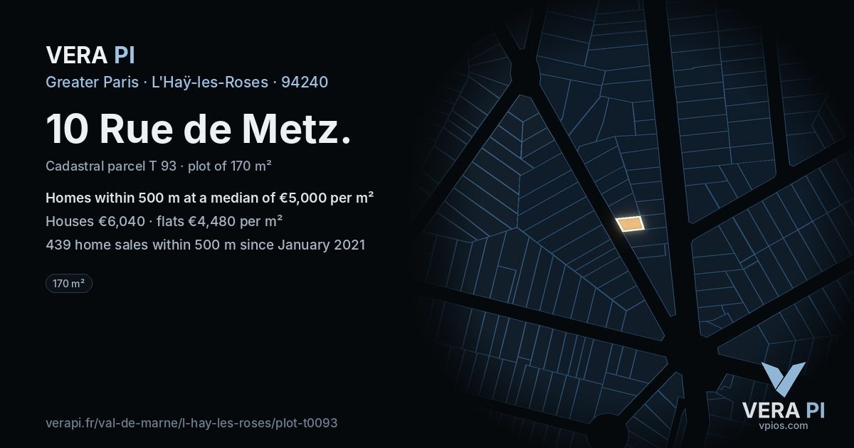 10 Rue de Metz, L'Haÿ-les-Roses at night – the plot lit, the parcels around coloured by the prices near them