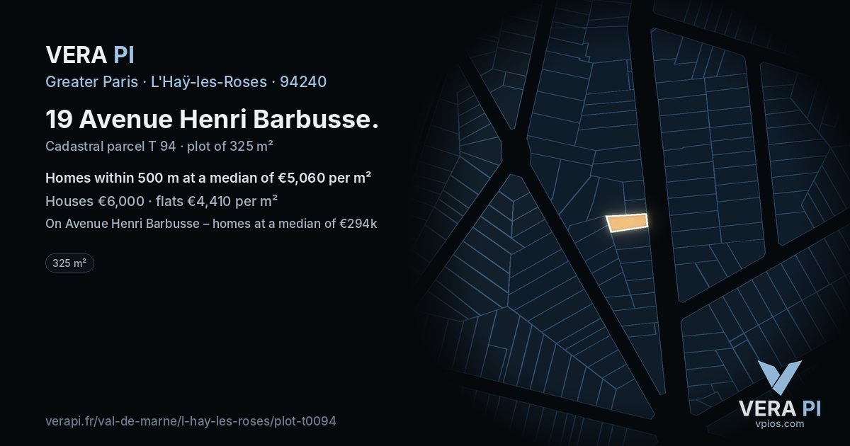 19 Avenue Henri Barbusse, L'Haÿ-les-Roses at night – the plot lit, the parcels around coloured by the prices near them