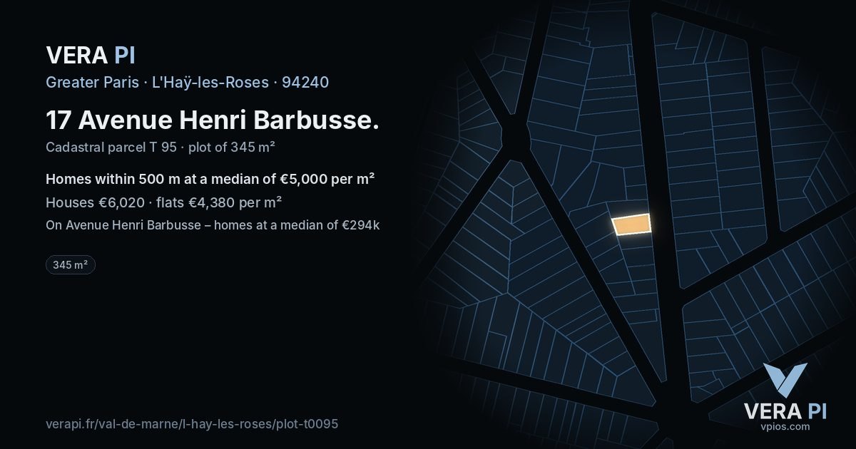 17 Avenue Henri Barbusse, L'Haÿ-les-Roses at night – the plot lit, the parcels around coloured by the prices near them