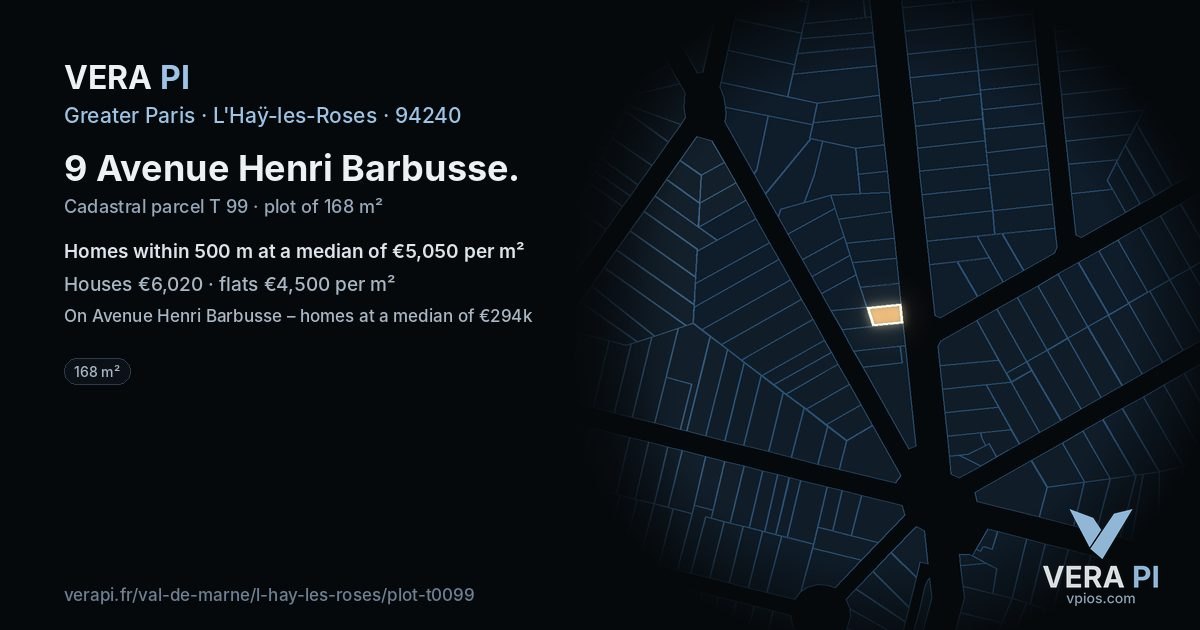 9 Avenue Henri Barbusse, L'Haÿ-les-Roses at night – the plot lit, the parcels around coloured by the prices near them