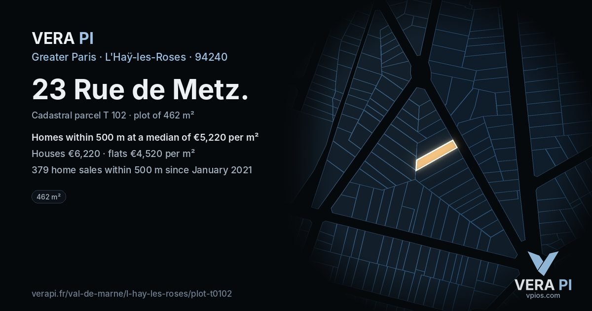 23 Rue de Metz, L'Haÿ-les-Roses at night – the plot lit, the parcels around coloured by the prices near them