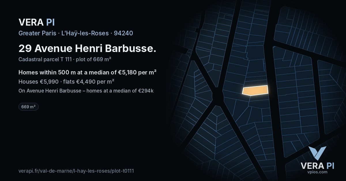 29 Avenue Henri Barbusse, L'Haÿ-les-Roses at night – the plot lit, the parcels around coloured by the prices near them