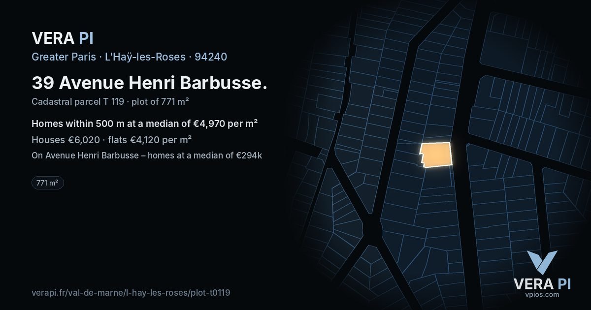 39 Avenue Henri Barbusse, L'Haÿ-les-Roses at night – the plot lit, the parcels around coloured by the prices near them
