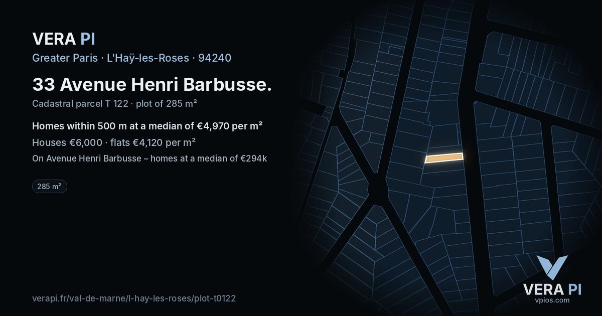 33 Avenue Henri Barbusse, L'Haÿ-les-Roses at night – the plot lit, the parcels around coloured by the prices near them