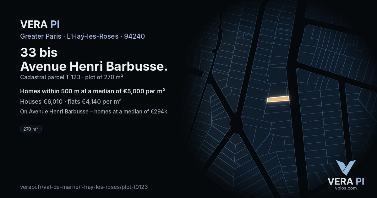 33 bis Avenue Henri Barbusse, L'Haÿ-les-Roses at night – the plot lit, the parcels around coloured by the prices near them