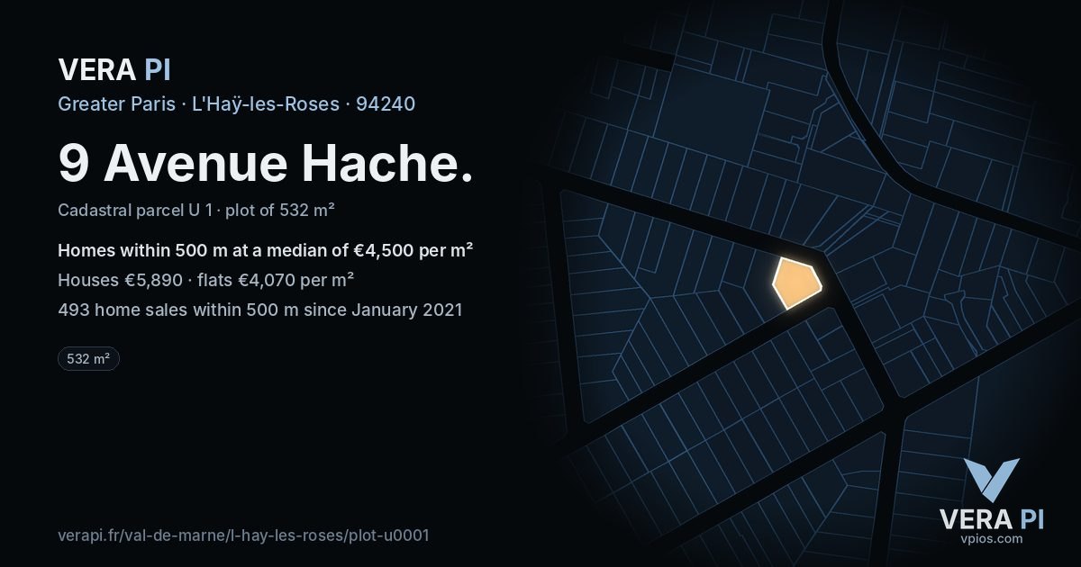 9 Avenue Hache, L'Haÿ-les-Roses at night – the plot lit, the parcels around coloured by the prices near them