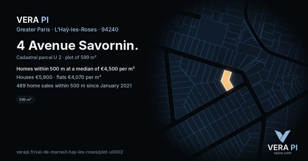 4 Avenue Savornin, L'Haÿ-les-Roses at night – the plot lit, the parcels around coloured by the prices near them