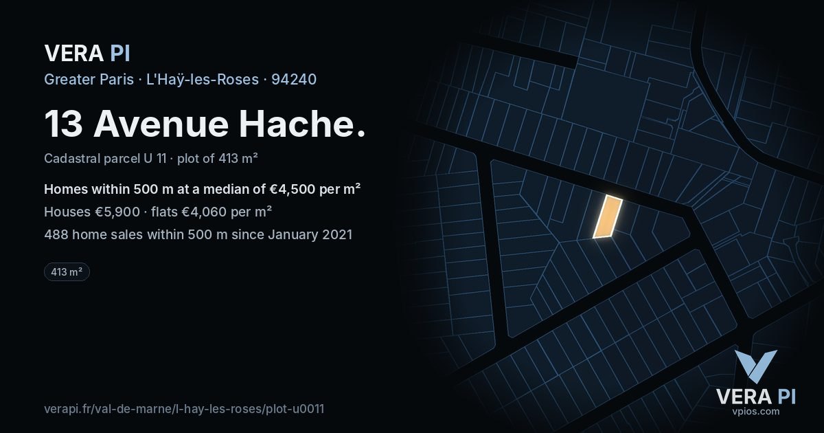 13 Avenue Hache, L'Haÿ-les-Roses at night – the plot lit, the parcels around coloured by the prices near them
