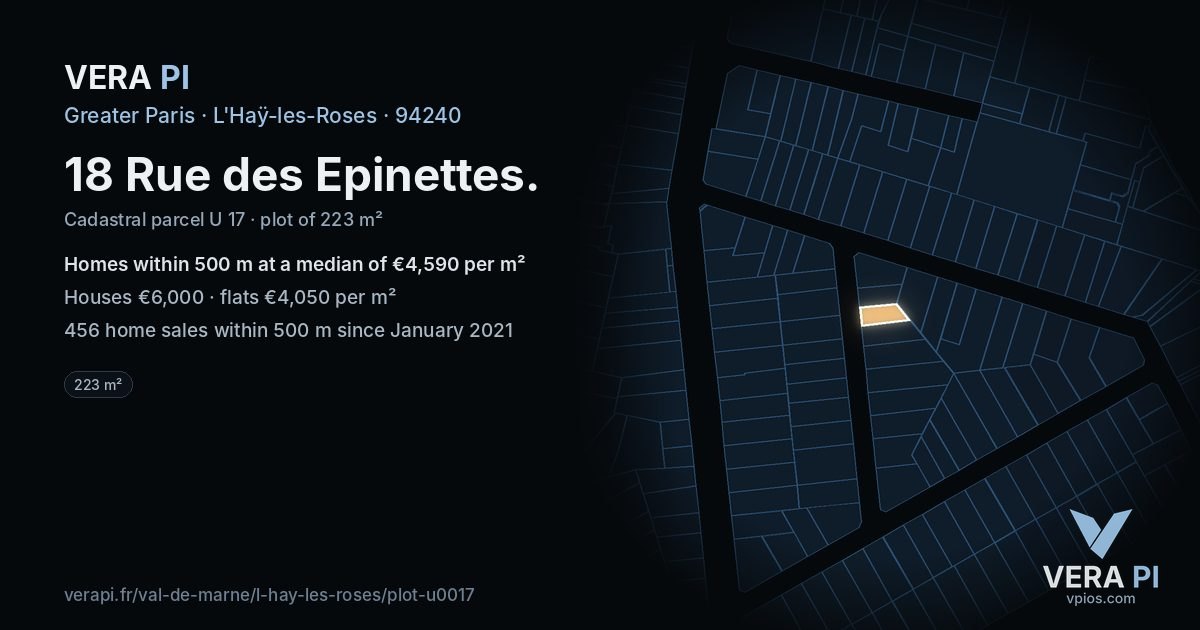 18 Rue des Epinettes, L'Haÿ-les-Roses at night – the plot lit, the parcels around coloured by the prices near them