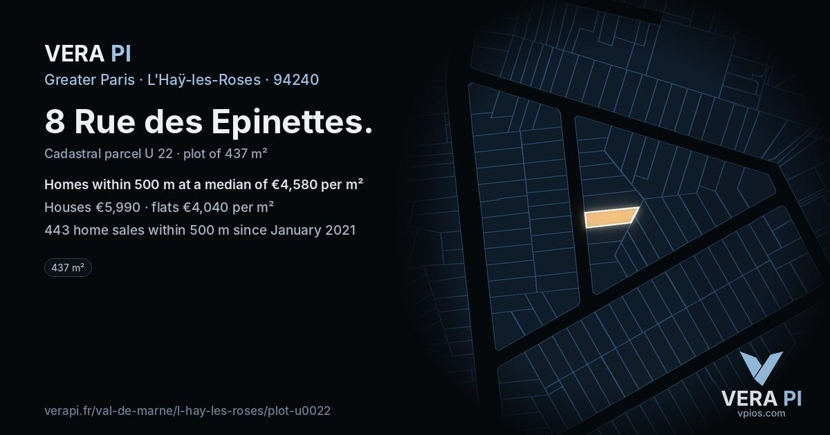8 Rue des Epinettes, L'Haÿ-les-Roses at night – the plot lit, the parcels around coloured by the prices near them