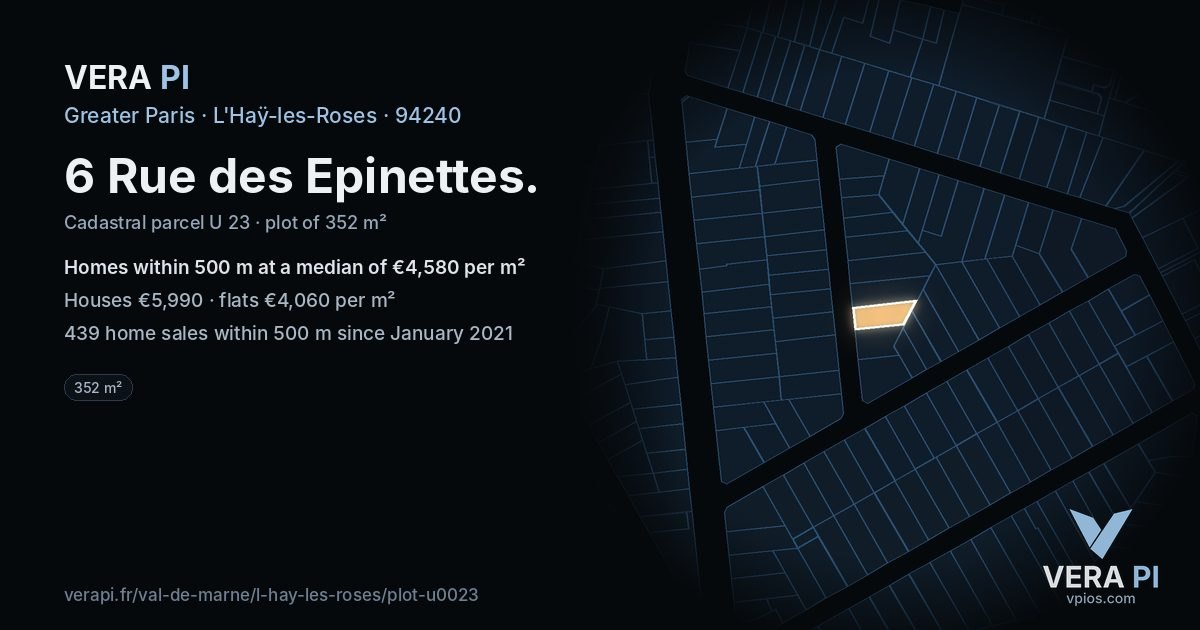 6 Rue des Epinettes, L'Haÿ-les-Roses at night – the plot lit, the parcels around coloured by the prices near them