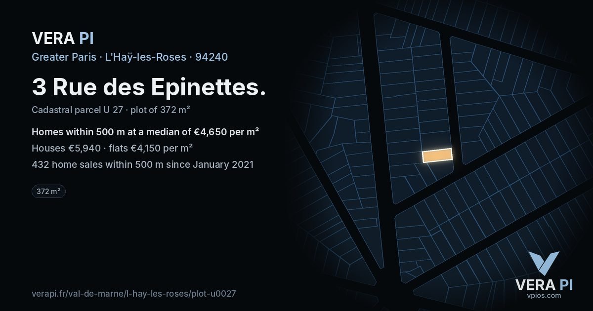 3 Rue des Epinettes, L'Haÿ-les-Roses at night – the plot lit, the parcels around coloured by the prices near them