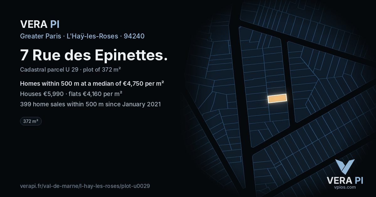 7 Rue des Epinettes, L'Haÿ-les-Roses at night – the plot lit, the parcels around coloured by the prices near them