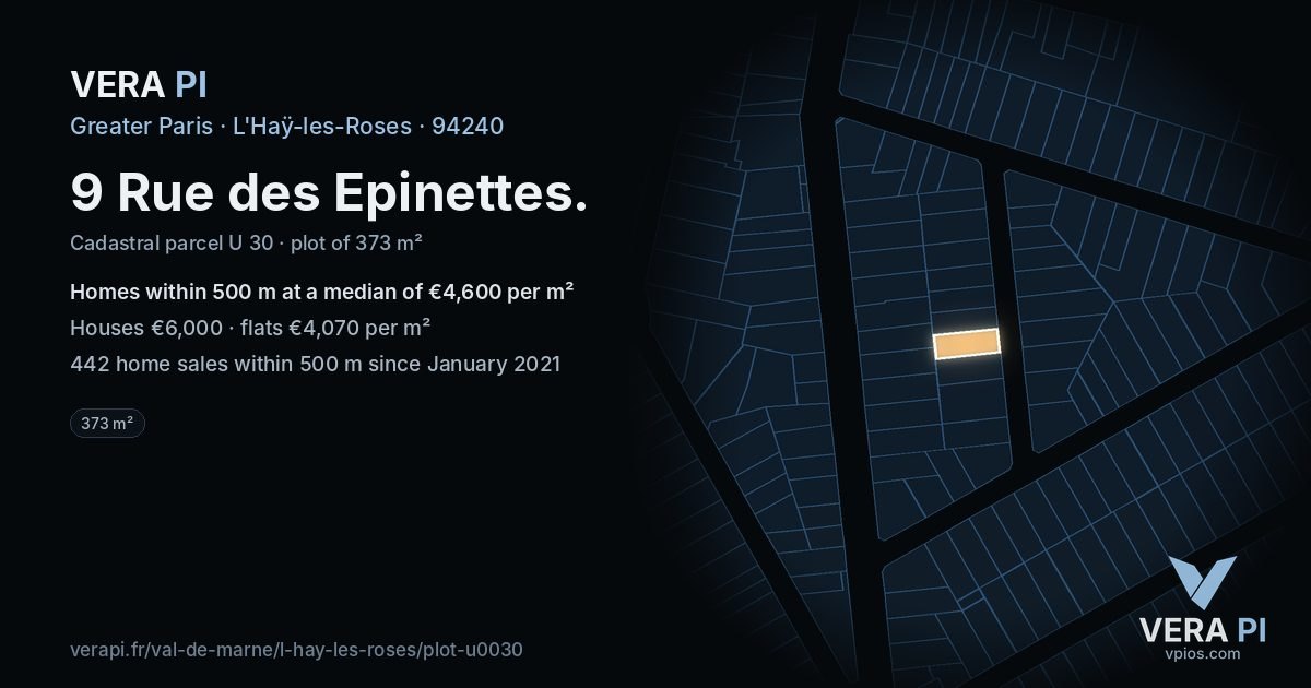 9 Rue des Epinettes, L'Haÿ-les-Roses at night – the plot lit, the parcels around coloured by the prices near them