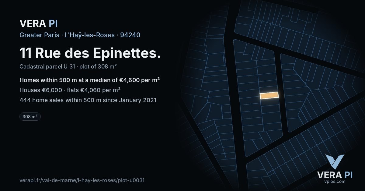11 Rue des Epinettes, L'Haÿ-les-Roses at night – the plot lit, the parcels around coloured by the prices near them