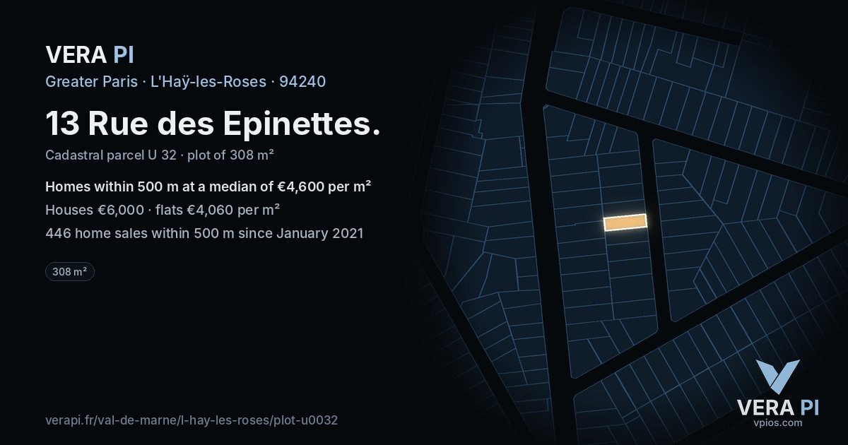13 Rue des Epinettes, L'Haÿ-les-Roses at night – the plot lit, the parcels around coloured by the prices near them