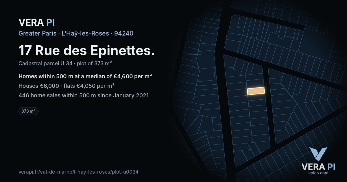 17 Rue des Epinettes, L'Haÿ-les-Roses at night – the plot lit, the parcels around coloured by the prices near them