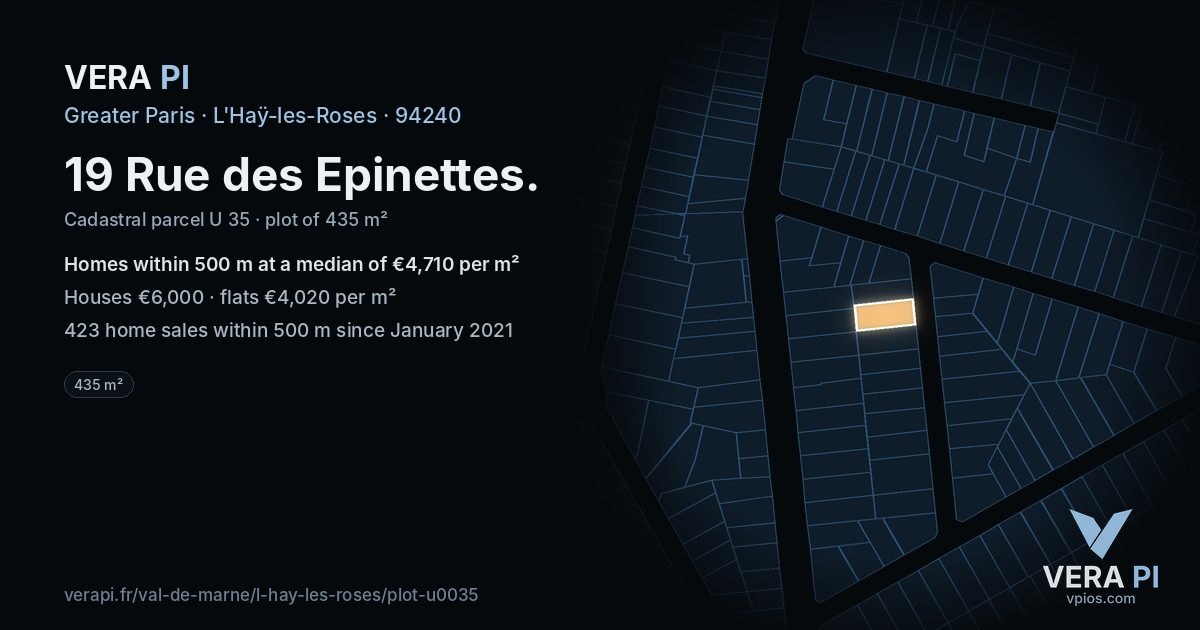 19 Rue des Epinettes, L'Haÿ-les-Roses at night – the plot lit, the parcels around coloured by the prices near them
