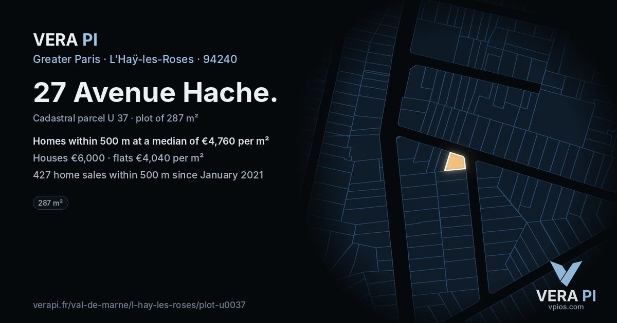 27 Avenue Hache, L'Haÿ-les-Roses at night – the plot lit, the parcels around coloured by the prices near them