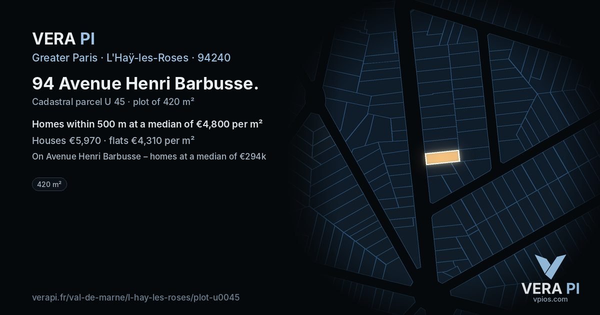 94 Avenue Henri Barbusse, L'Haÿ-les-Roses at night – the plot lit, the parcels around coloured by the prices near them