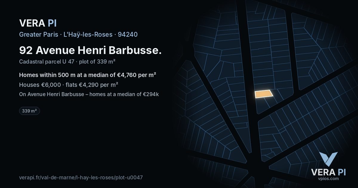 92 Avenue Henri Barbusse, L'Haÿ-les-Roses at night – the plot lit, the parcels around coloured by the prices near them