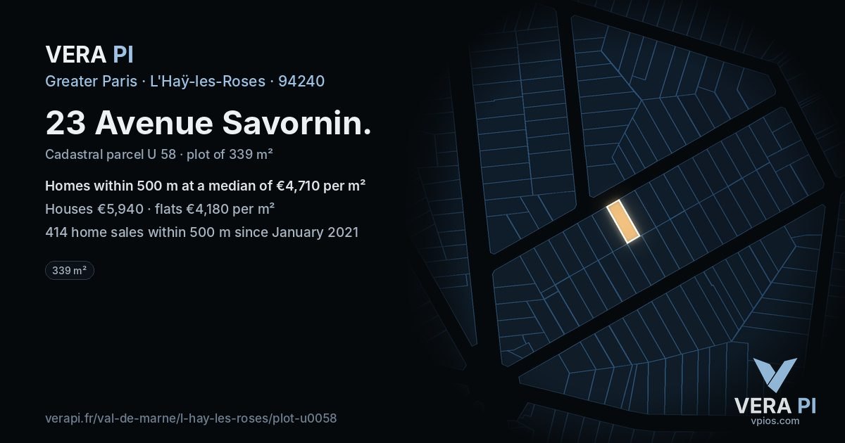 23 Avenue Savornin, L'Haÿ-les-Roses at night – the plot lit, the parcels around coloured by the prices near them