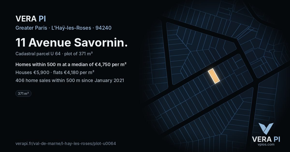 11 Avenue Savornin, L'Haÿ-les-Roses at night – the plot lit, the parcels around coloured by the prices near them