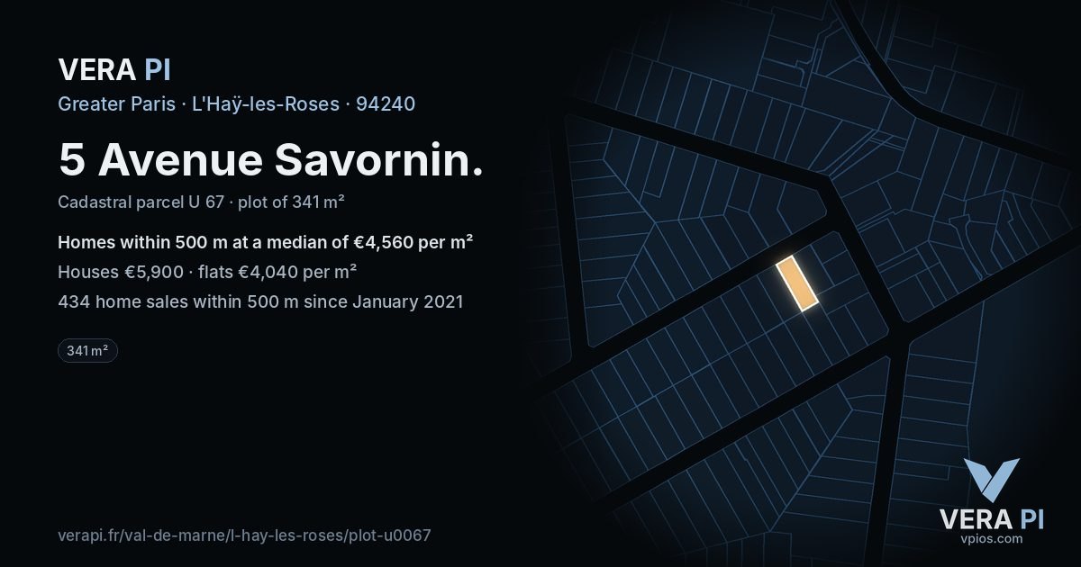 5 Avenue Savornin, L'Haÿ-les-Roses at night – the plot lit, the parcels around coloured by the prices near them