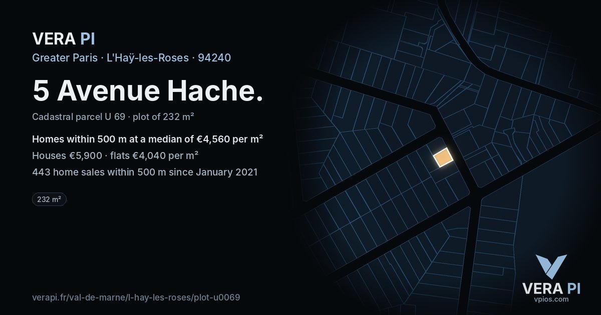 5 Avenue Hache, L'Haÿ-les-Roses at night – the plot lit, the parcels around coloured by the prices near them
