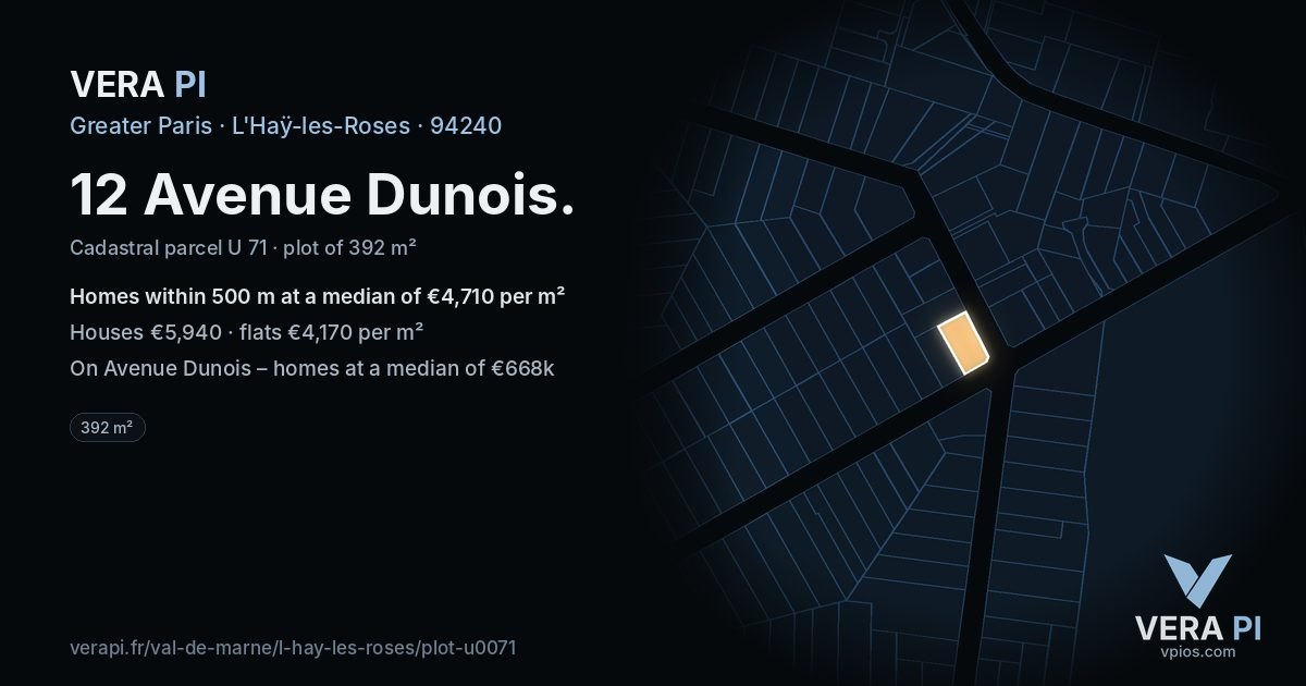 12 Avenue Dunois, L'Haÿ-les-Roses at night – the plot lit, the parcels around coloured by the prices near them