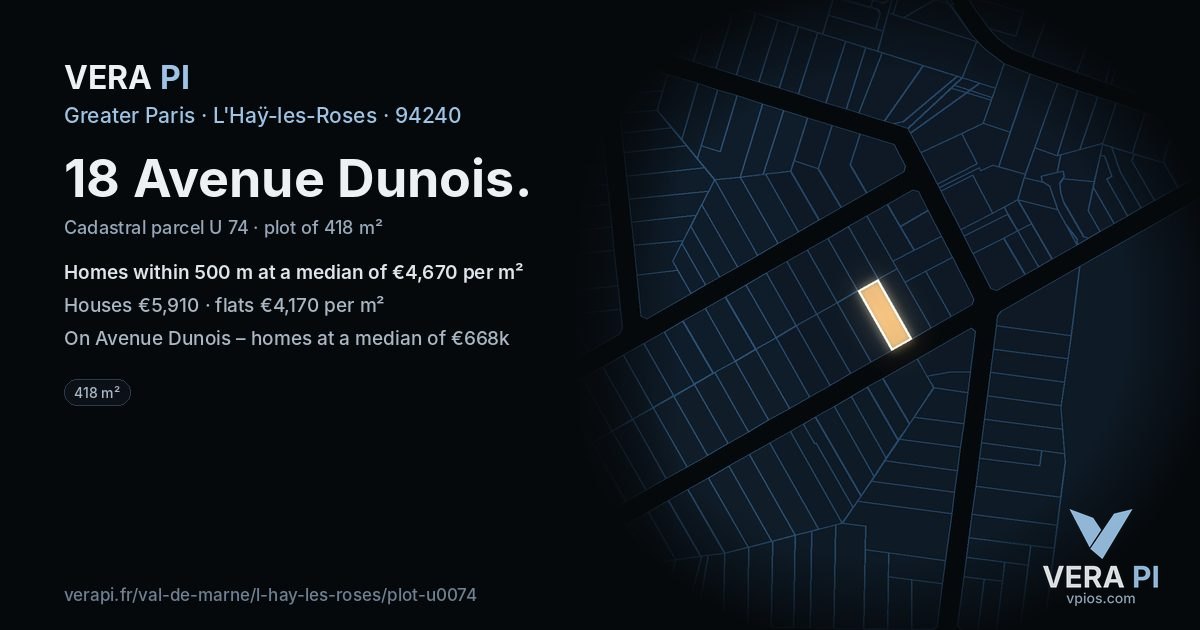 18 Avenue Dunois, L'Haÿ-les-Roses at night – the plot lit, the parcels around coloured by the prices near them