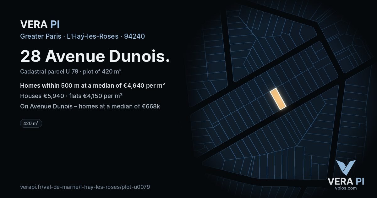 28 Avenue Dunois, L'Haÿ-les-Roses at night – the plot lit, the parcels around coloured by the prices near them