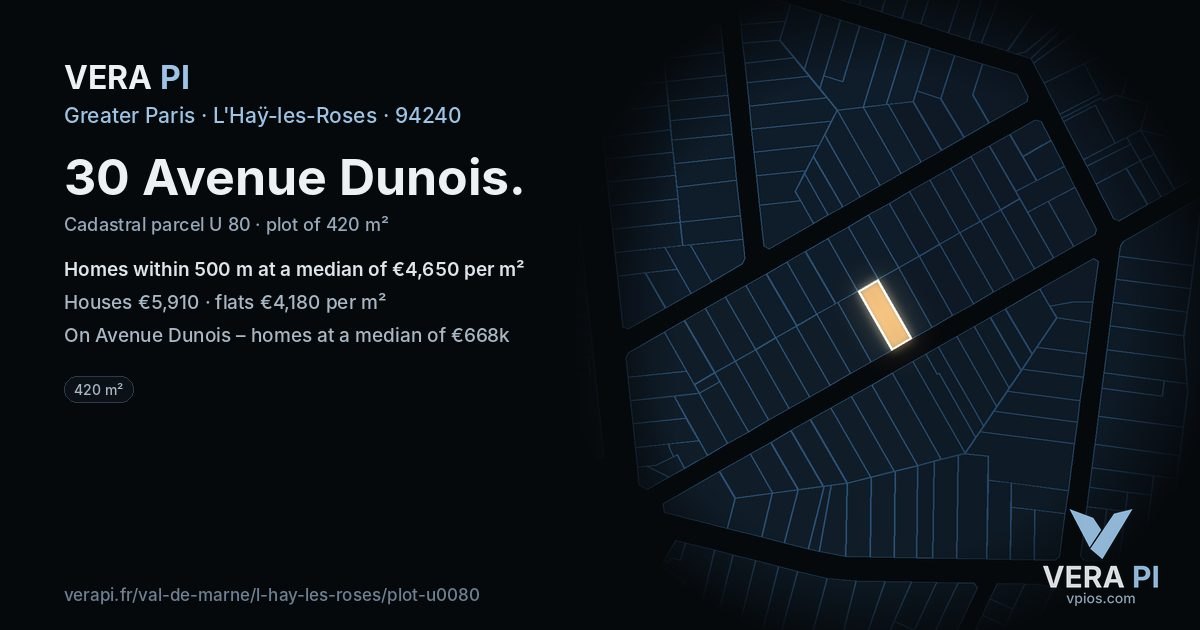 30 Avenue Dunois, L'Haÿ-les-Roses at night – the plot lit, the parcels around coloured by the prices near them