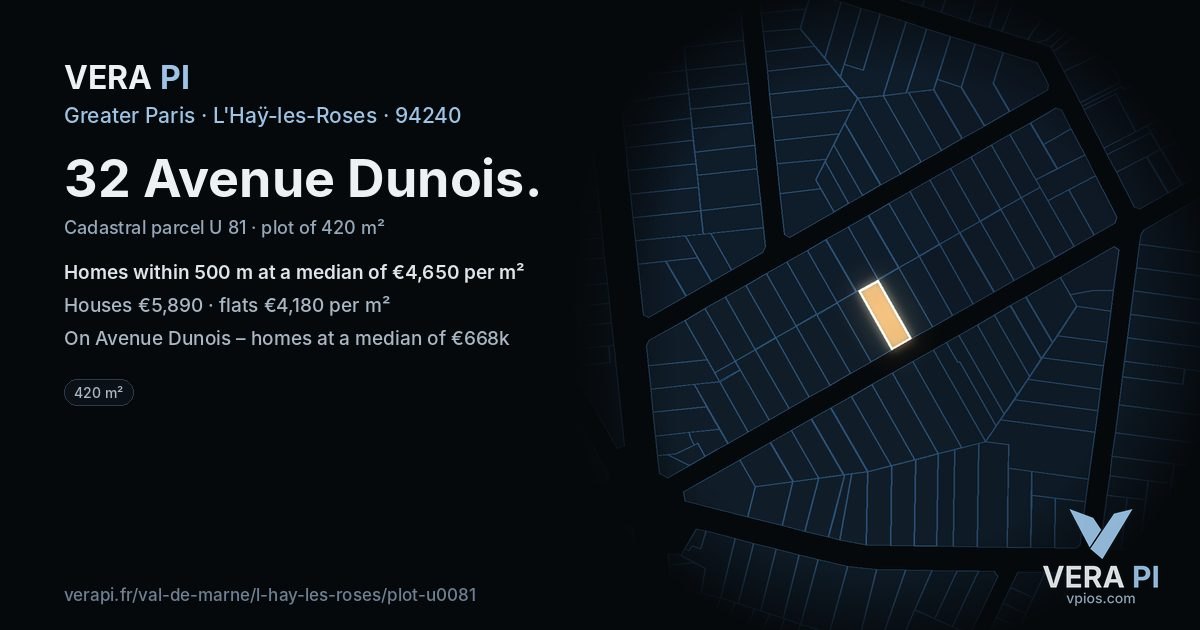 32 Avenue Dunois, L'Haÿ-les-Roses at night – the plot lit, the parcels around coloured by the prices near them