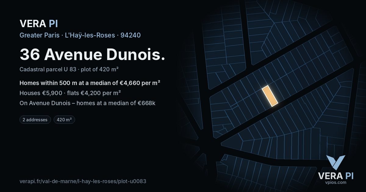 36 Avenue Dunois, L'Haÿ-les-Roses at night – the plot lit, the parcels around coloured by the prices near them