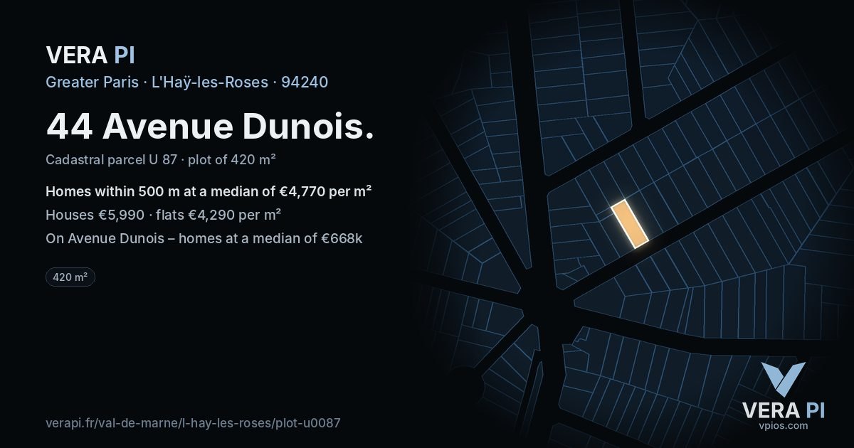 44 Avenue Dunois, L'Haÿ-les-Roses at night – the plot lit, the parcels around coloured by the prices near them