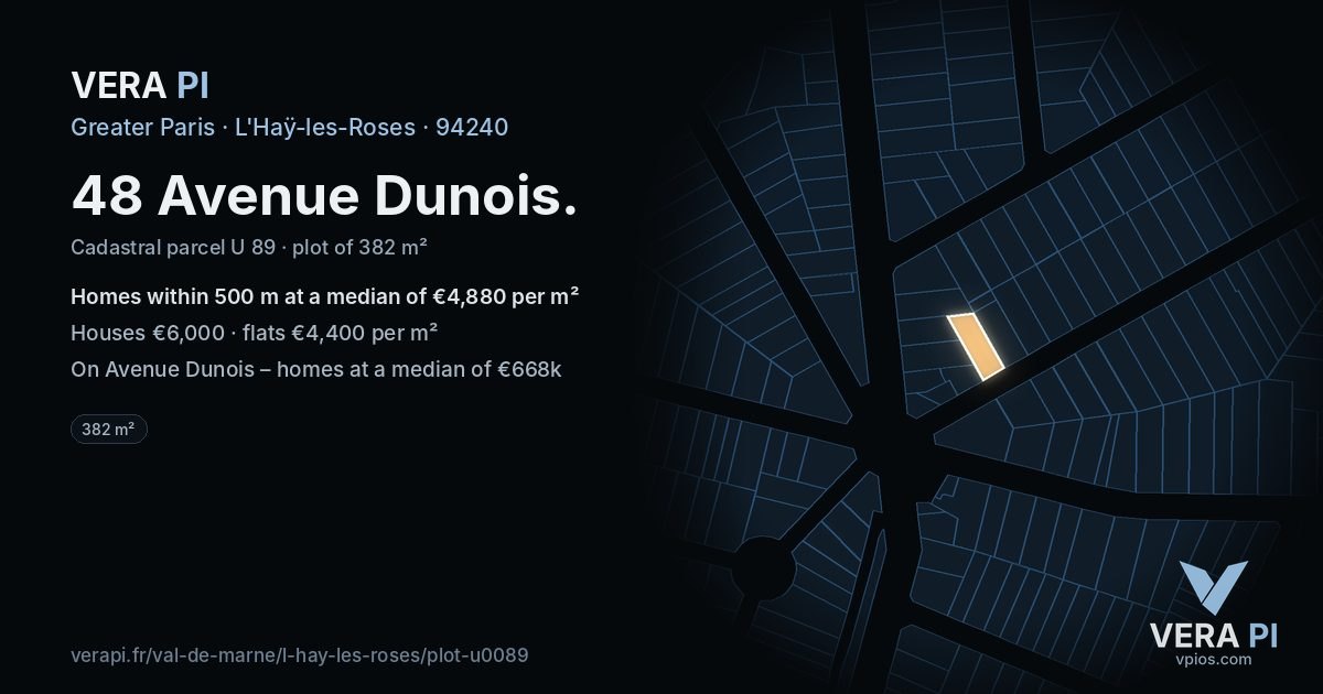 48 Avenue Dunois, L'Haÿ-les-Roses at night – the plot lit, the parcels around coloured by the prices near them