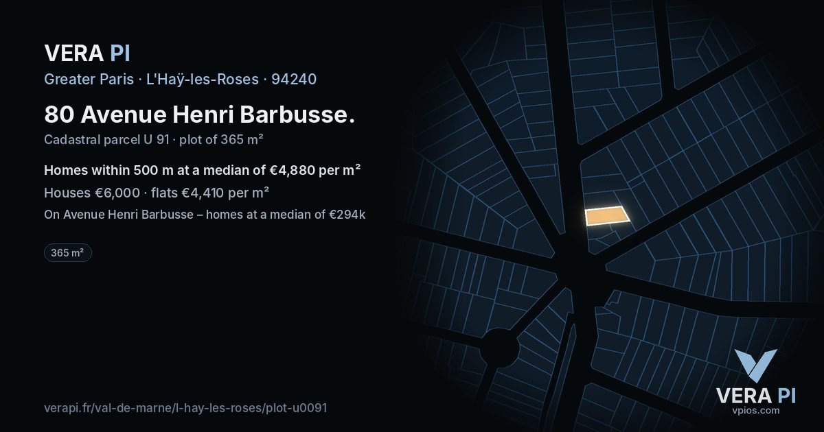 80 Avenue Henri Barbusse, L'Haÿ-les-Roses at night – the plot lit, the parcels around coloured by the prices near them