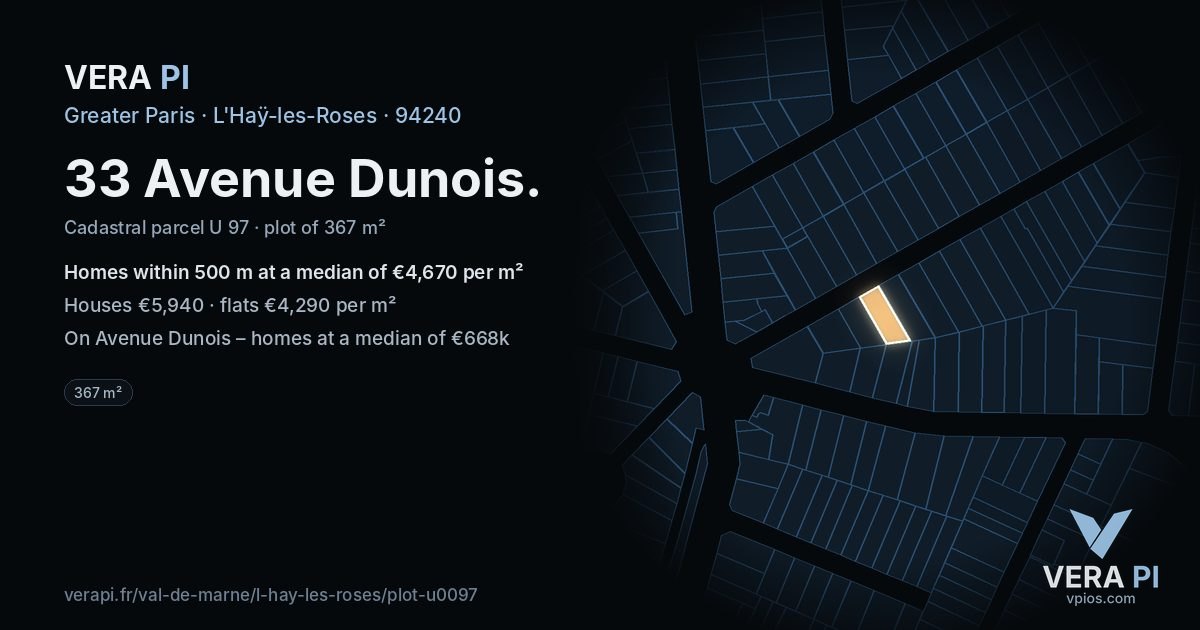 33 Avenue Dunois, L'Haÿ-les-Roses at night – the plot lit, the parcels around coloured by the prices near them