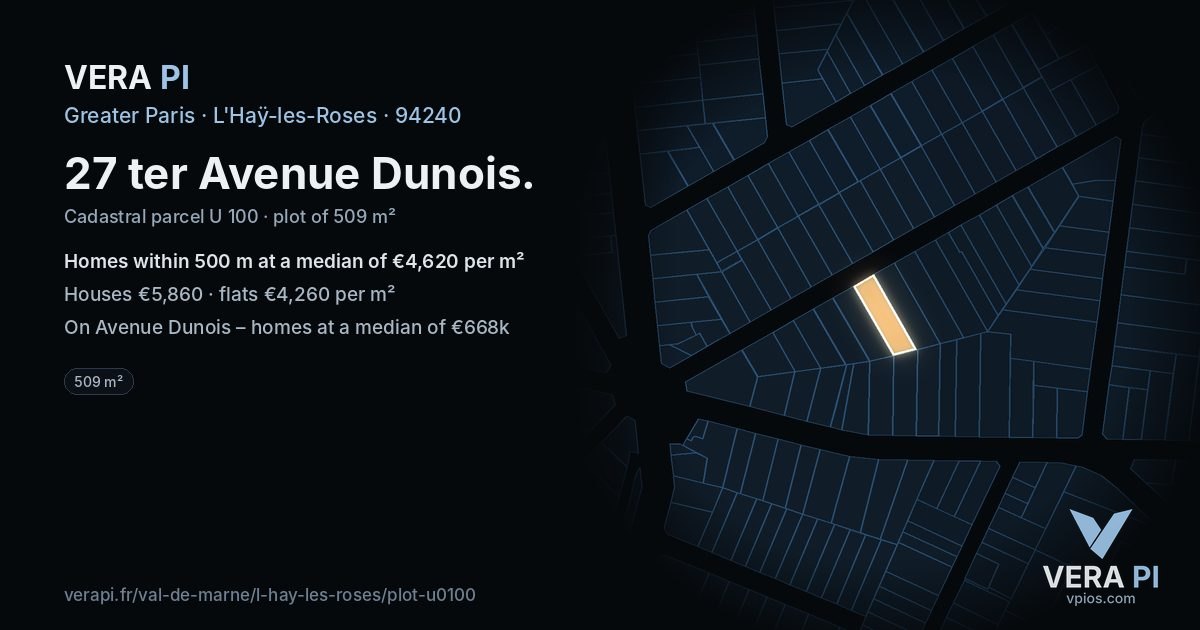 27 ter Avenue Dunois, L'Haÿ-les-Roses at night – the plot lit, the parcels around coloured by the prices near them