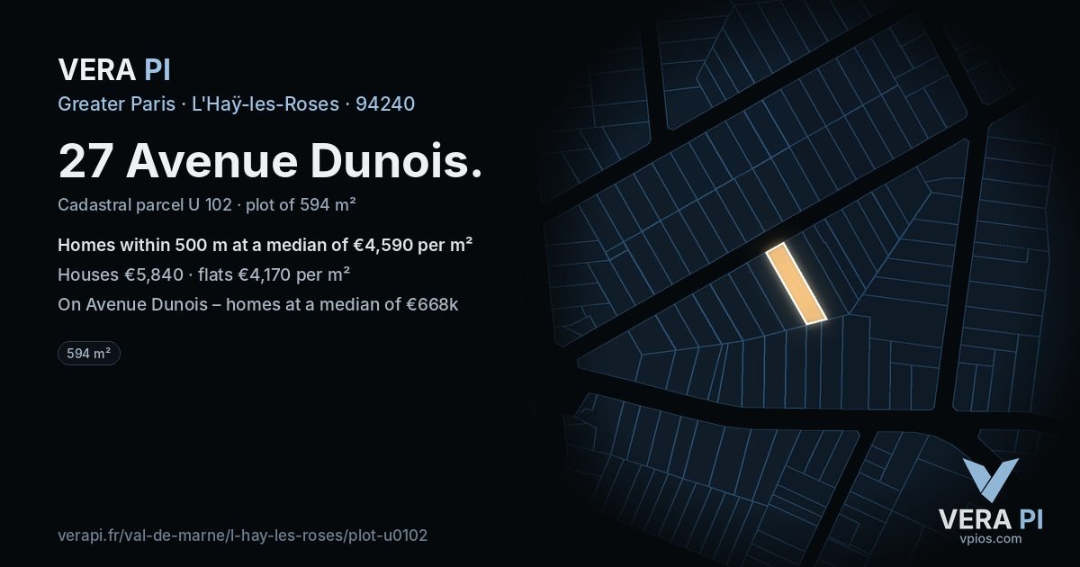 27 Avenue Dunois, L'Haÿ-les-Roses at night – the plot lit, the parcels around coloured by the prices near them