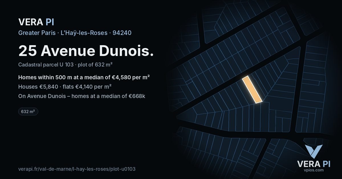 25 Avenue Dunois, L'Haÿ-les-Roses at night – the plot lit, the parcels around coloured by the prices near them
