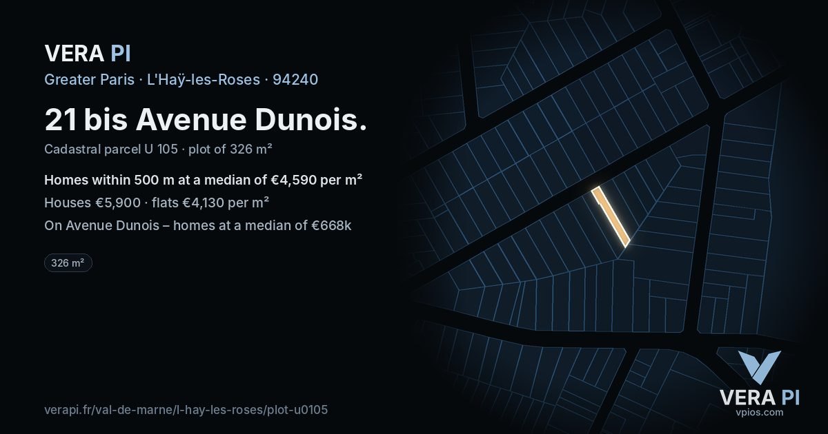 21 bis Avenue Dunois, L'Haÿ-les-Roses at night – the plot lit, the parcels around coloured by the prices near them